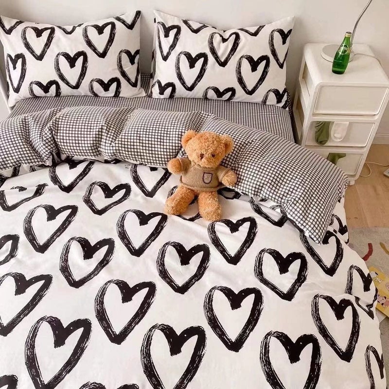 Houseri أبيض وأسود مجموعة المعزي مجموعات الفراش الحب الكامل للفتيات في سن المراهقة Kawaii كامل الحجم طقم سرير النوم على شكل قلب لطيف لحاف البطانيات كاملة - Image 2